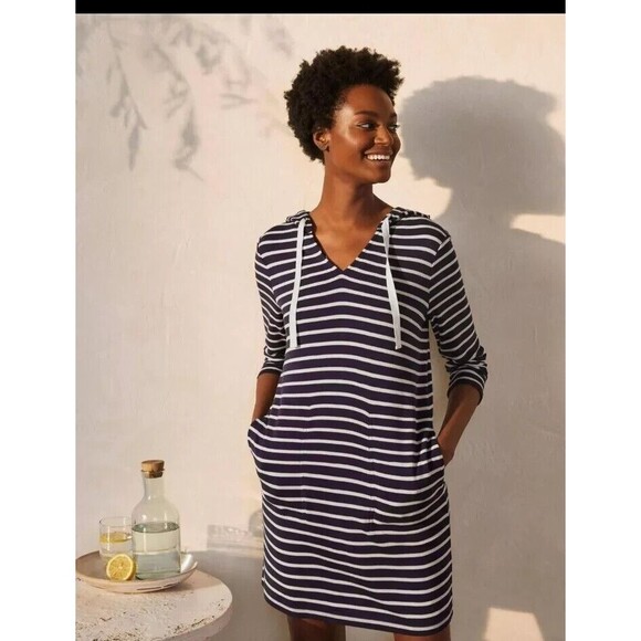 Boden Navy & White Striped Imelda Hooded Jersey Tunic Dress with Pockets size 4 - Picture 1 of 11